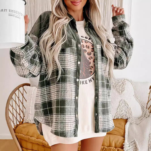 Damen Oversize karierte Hemdjacke mit Cordbesatz und Druckknöpfen – Avérine