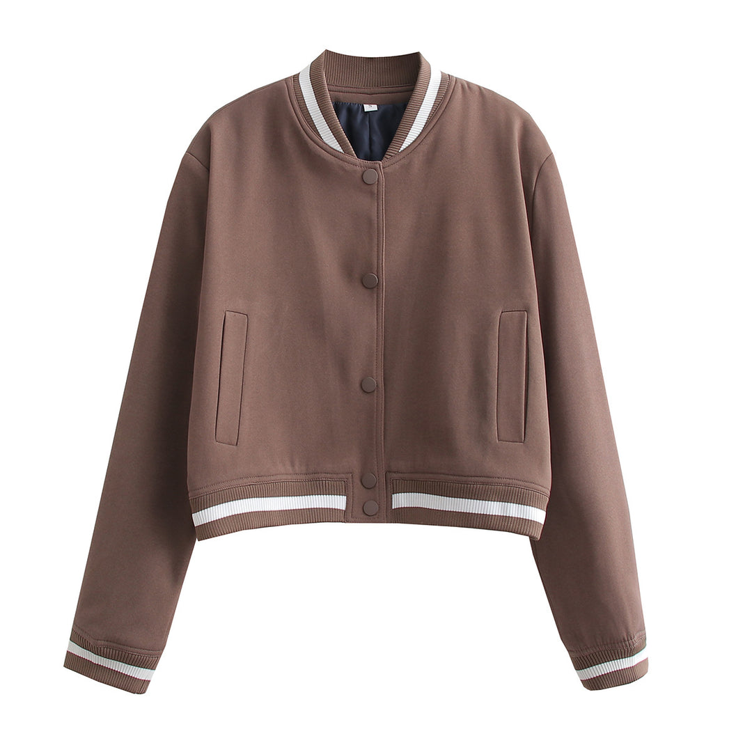 Damen Kurz geschnittene Collegejacke mit Rippbündchen und Druckknöpfen – Célinea