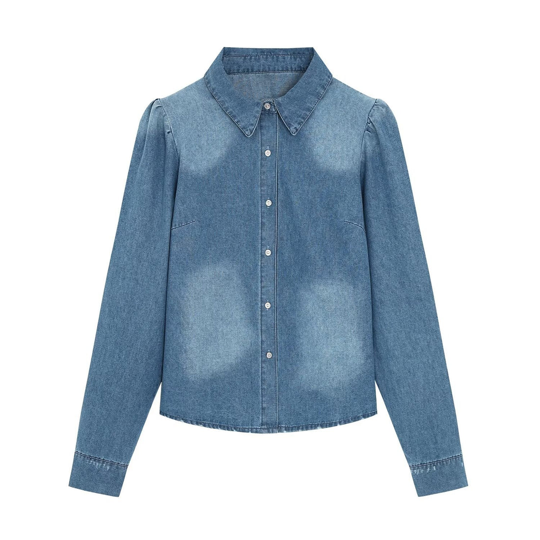 Damen Denim-Hemdbluse mit leichtem Puffärmel und klassischem Hemdkragen Echoarchiv