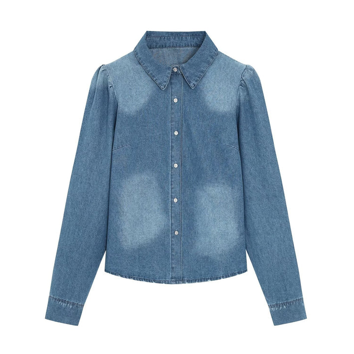 Damen Denim-Hemdbluse mit leichtem Puffärmel und klassischem Hemdkragen Echoarchiv