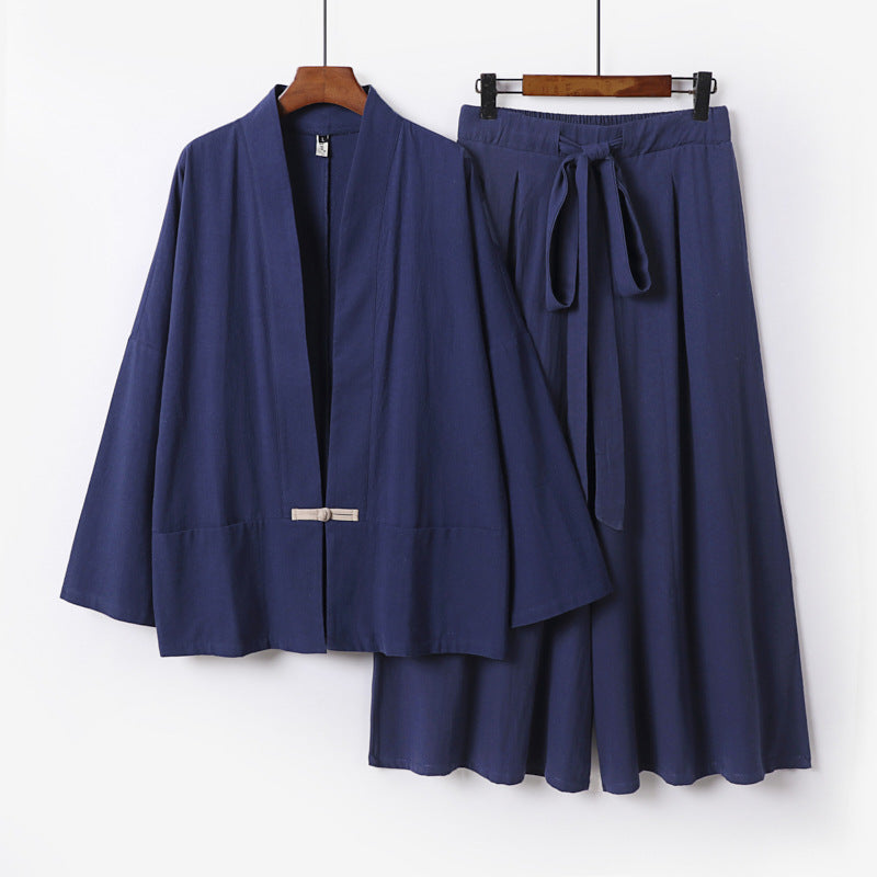 Damen Zen-inspiriertes Kimono-Set aus fließender Viskose mit kurzer Jacke und weiter Culotte-Hose Echoarchiv