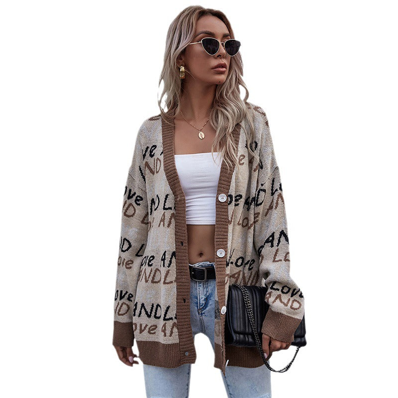 Damen Oversize-Strickcardigan mit Jacquard-Textmuster, V‑Ausschnitt & Knopfleiste Echoarchiv