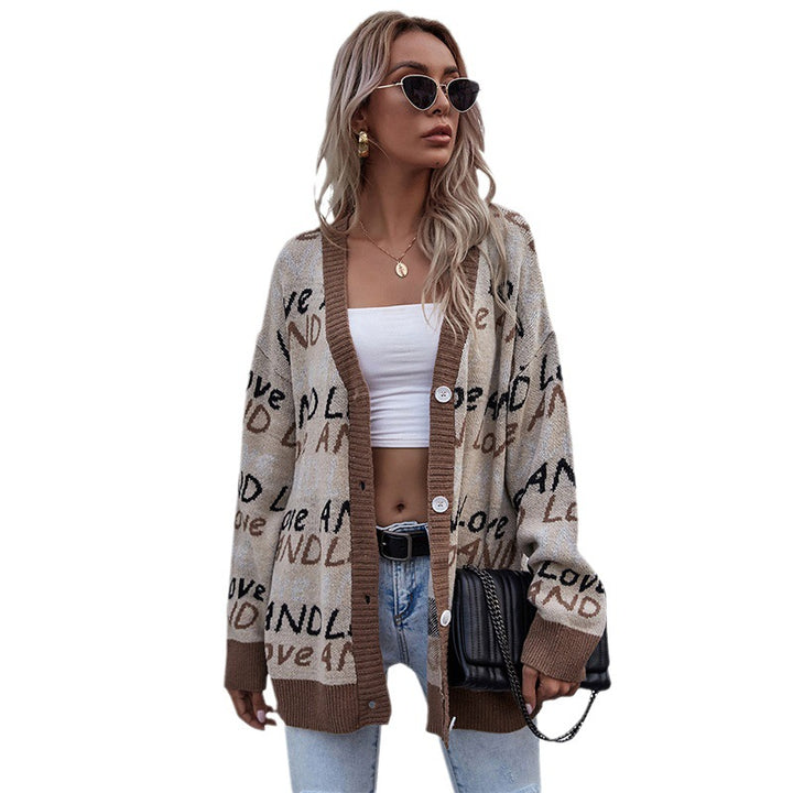 Damen Oversize-Strickcardigan mit Jacquard-Textmuster, V‑Ausschnitt & Knopfleiste Echoarchiv
