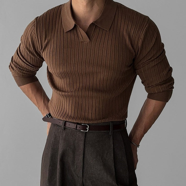 Herren nan figurbetontes Rippstrick-Polopullover mit offenem V-Ausschnitt und schmaler Passform Echo Archiv