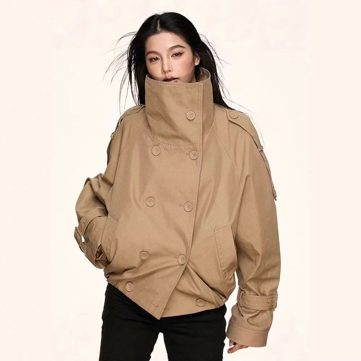 Damen Oversized Doppelreihige Trench-Bomberjacke mit hohem Stehkragen Echoarchiv