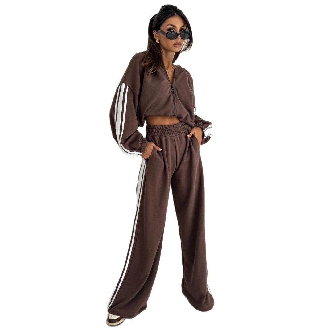 Damen cropped Zip-Hoodie mit voluminösen Ballonärmeln und High-Waist Relaxhose im sportlichen Seitenstreifen-Design – Auréline