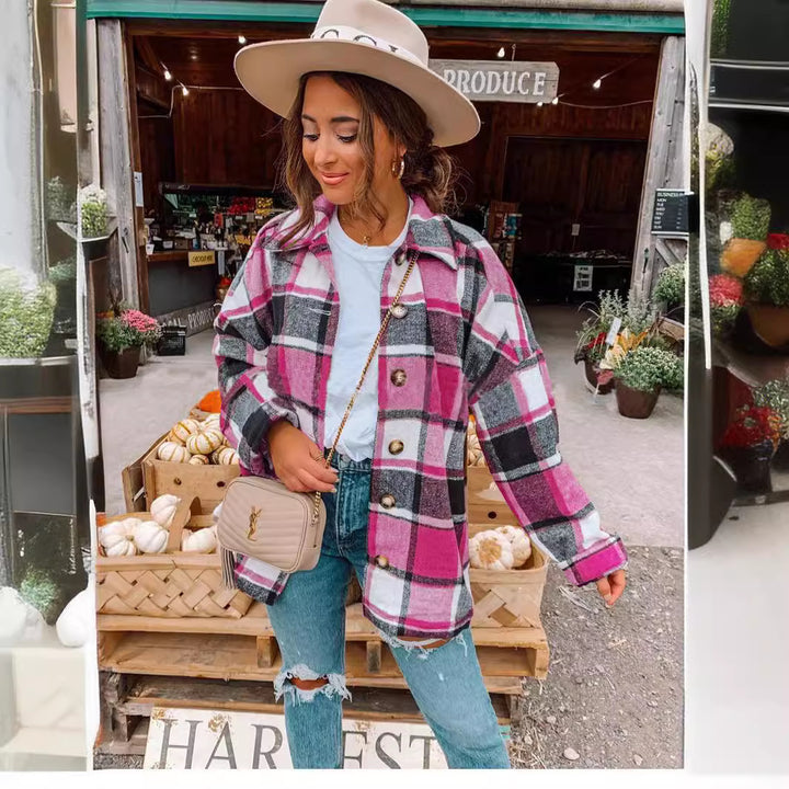 Damen Oversized Kariertes Flanell‑Shacket mit Brusttaschen und Holzknöpfen Echoarchiv
