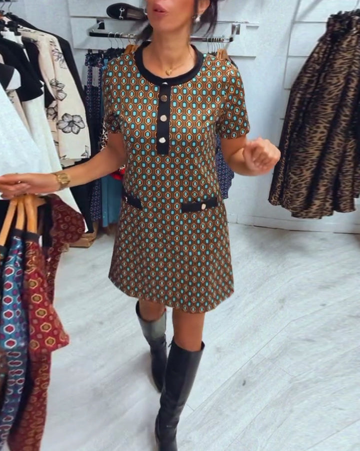 Damen nan Retro-A-Linien-Minikleid mit geometrischem Muster, Kontrastblende und Zier-Taschendetail Echo Archiv