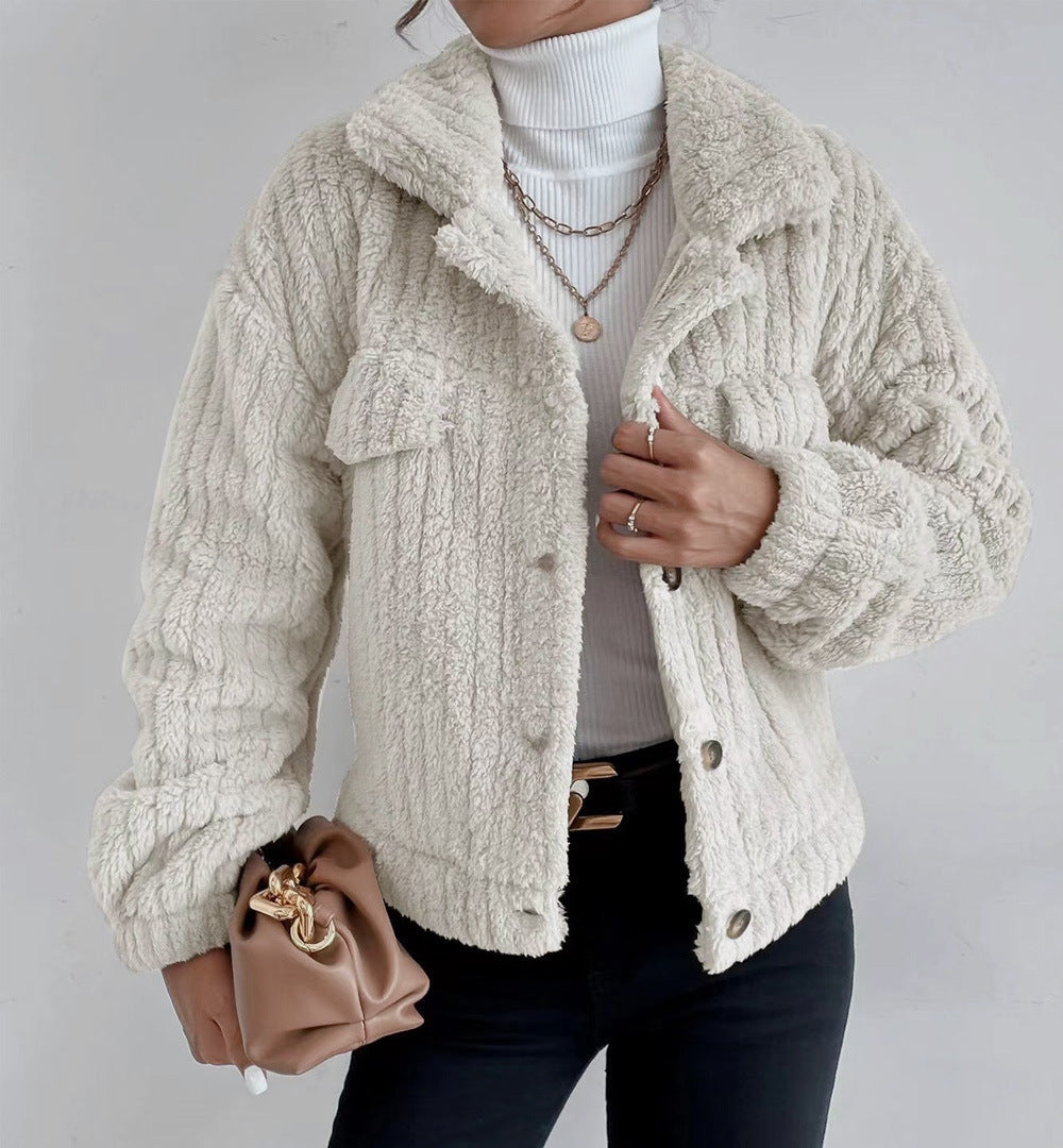 Damen nan kuschelige Teddyjacke mit Hemdkragen, Druckknopfverschluss und aufgesetzten Brusttaschen Echo Archiv