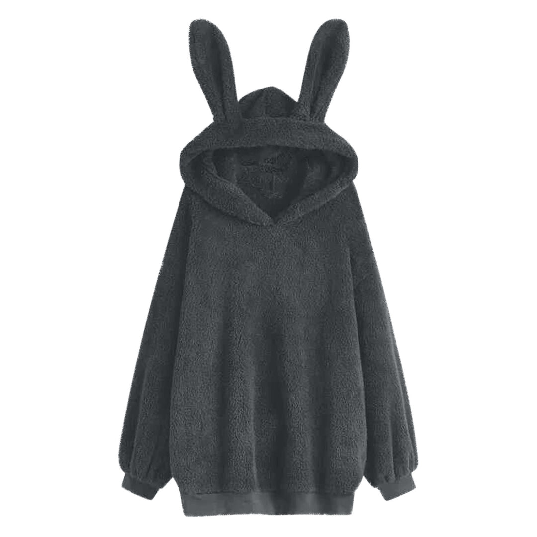 Damen flauschiger Oversize-Kapuzenpullover mit langen Hasenohren und gerippten Bündchen – Auréline