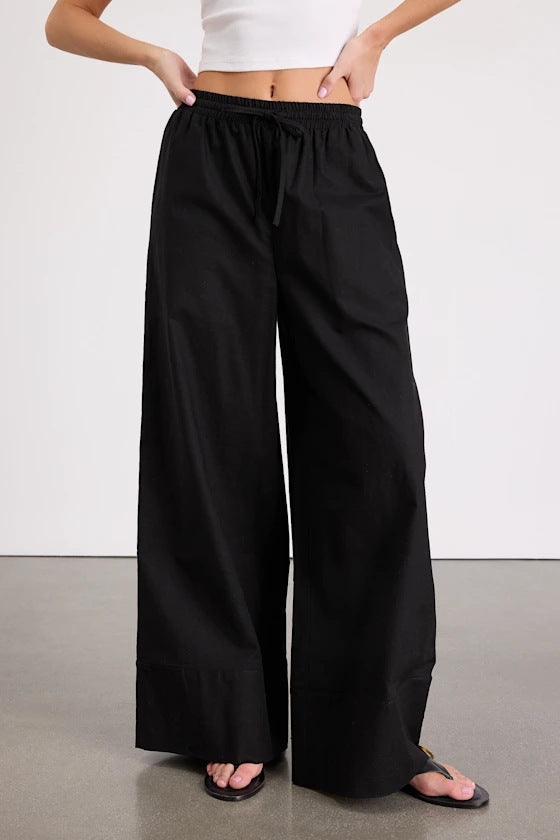 Damen Weite Leinenhose mit elastischem Bund und seitlichen Taschen Echoarchiv