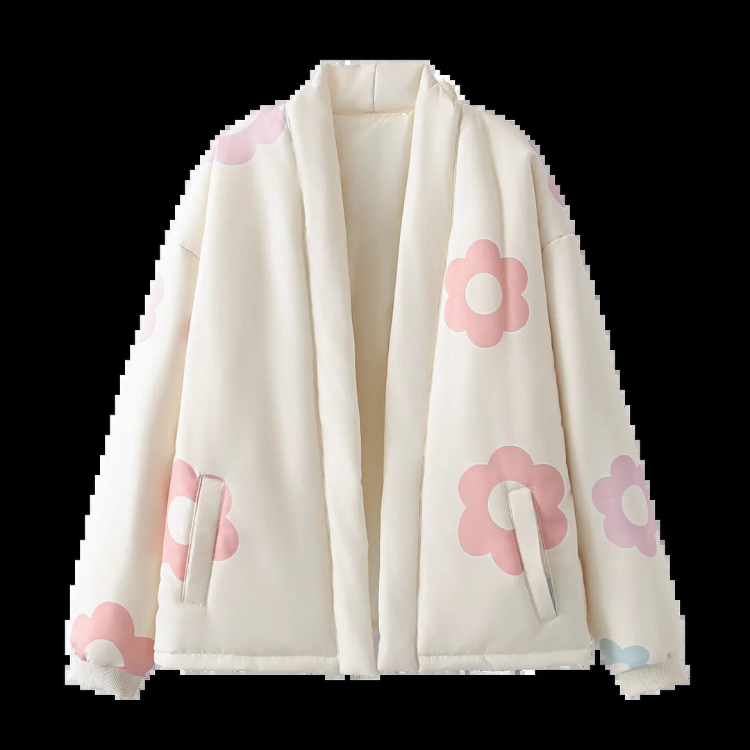 Damen gesteppte Kimono-Shortjacke mit wattierter Füllung und floraler Applikation – Célinea