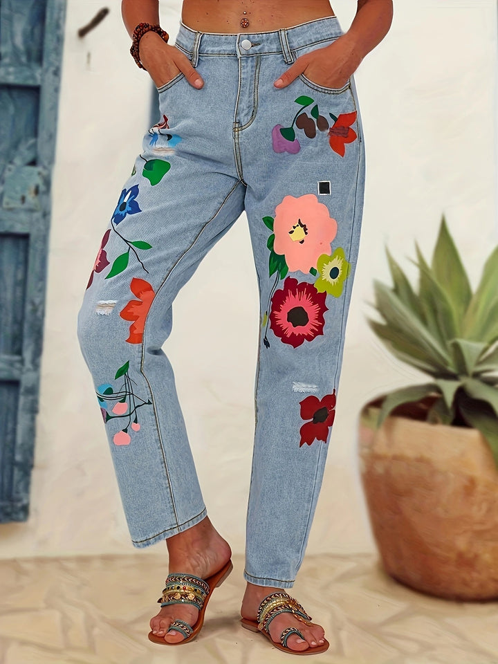 Damen Gerade geschnittene Jeans mit bunten Blumenapplikationen und leichten Destroy-Details Echo Archiv