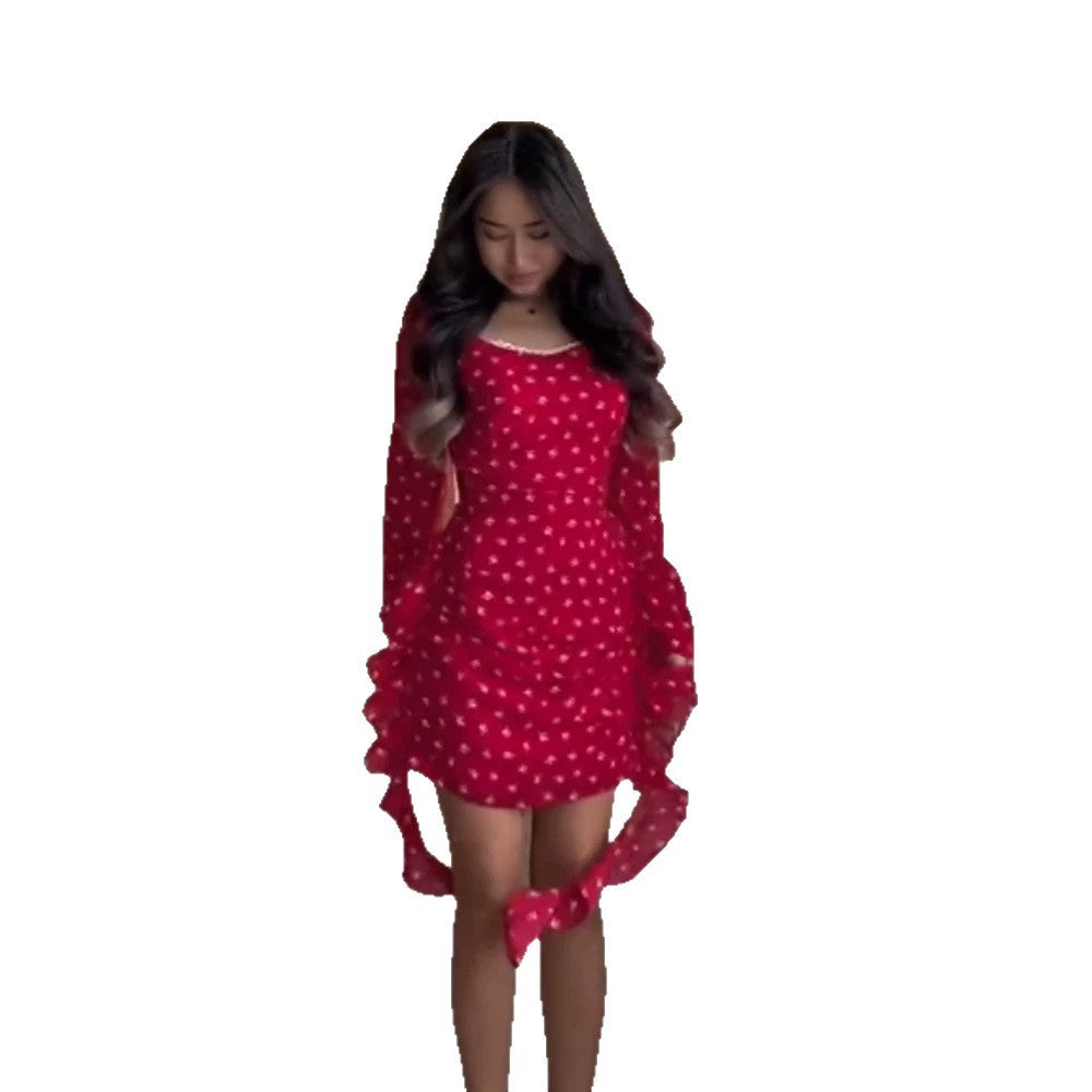 Damen Enges gerafftes Minikleid mit quadratischem Ausschnitt, Puffärmeln und seitlichen Volantbändern Echoarchiv