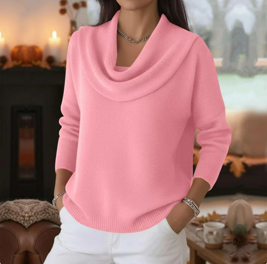 Damen Lässiger Schalkragen-Feinstrickpullover mit überschnittener Schulter und geripptem Saum – Mavelle