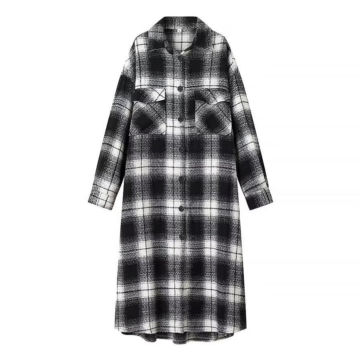 Damen Longline-Karo-Überhemd mit Oversize-Schnitt und aufgesetzten Pattentaschen Echo Archiv