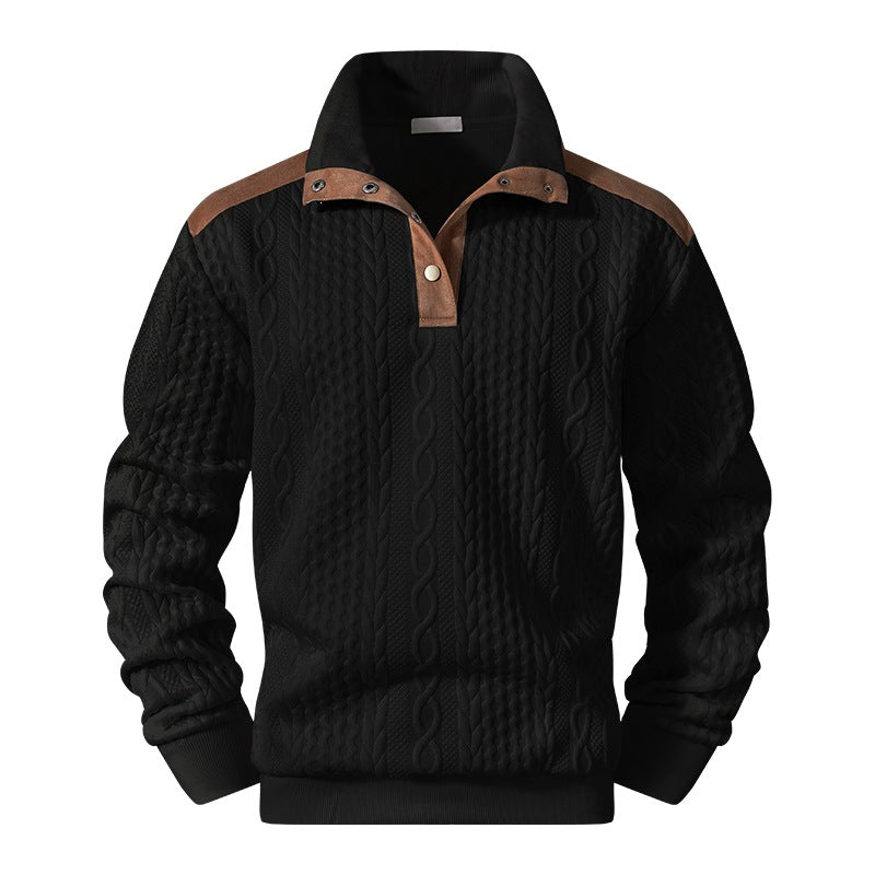 Herren Strickpullover mit Zopfmuster, Stehkragen und Kontrast‑Schulter- & Ellbogenpatches Echoarchiv
