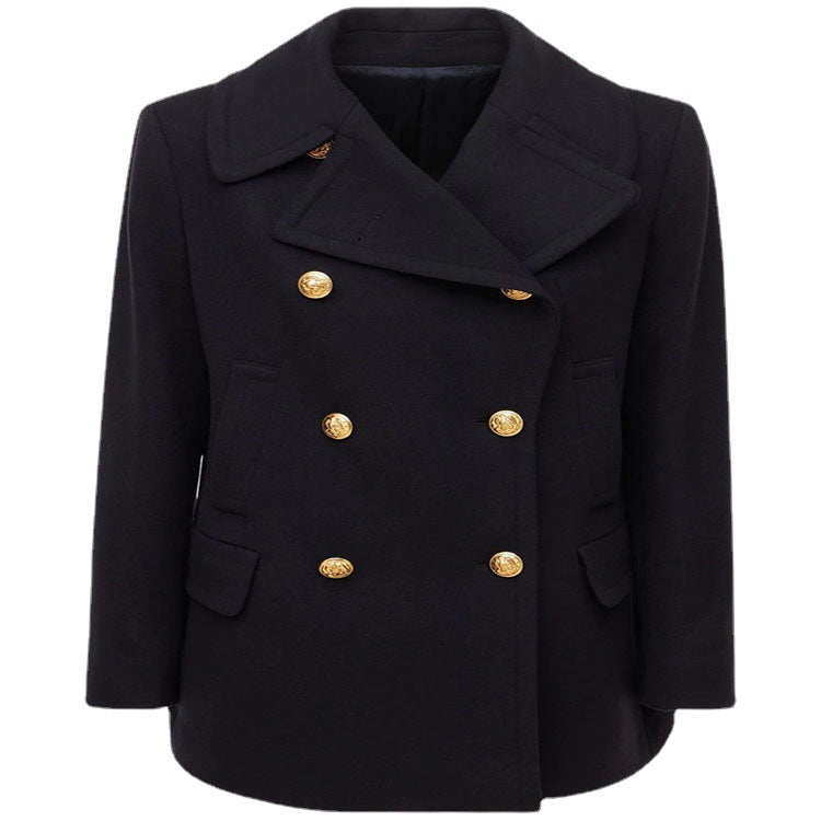 Damen Kurzer Zweireihiger Wollmix-Peacoat mit goldenen Zierrundknöpfen und taillierter Silhouette Echoarchiv