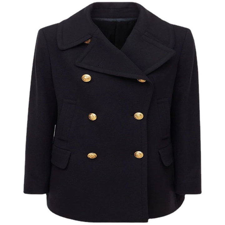 Damen Kurzer Zweireihiger Wollmix-Peacoat mit goldenen Zierrundknöpfen und taillierter Silhouette Echoarchiv