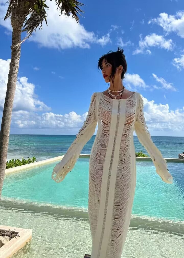 Damen elegantes Strandkleid mit raffinierten Fransen und transparenten Elementen Echo Archiv