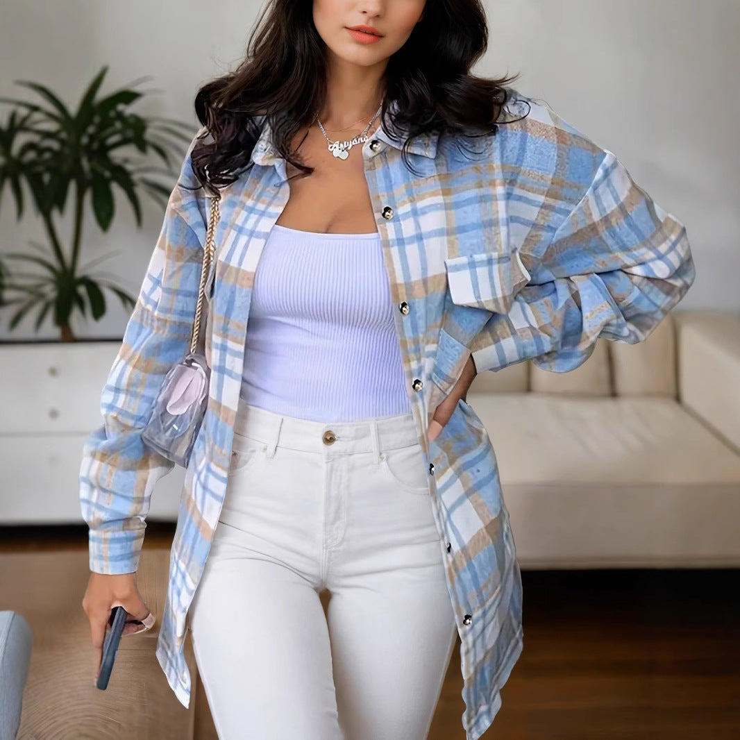 Damen Oversized Karo‑Hemdmantel mit Brusttaschen und durchgehender Knopfleiste – Avérine