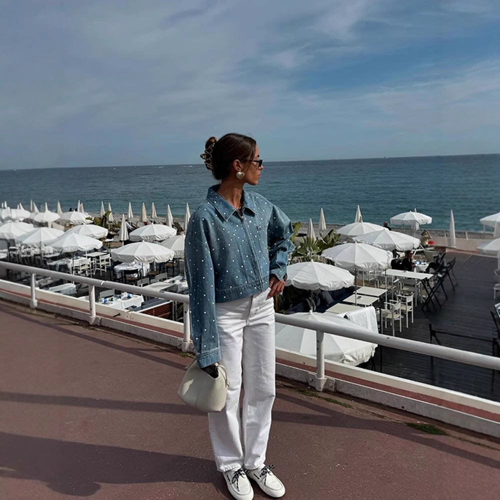 Damen Gekürzte Denim-Jacke mit Perlenbesatz und Oversize-Ärmeln Echoarchiv