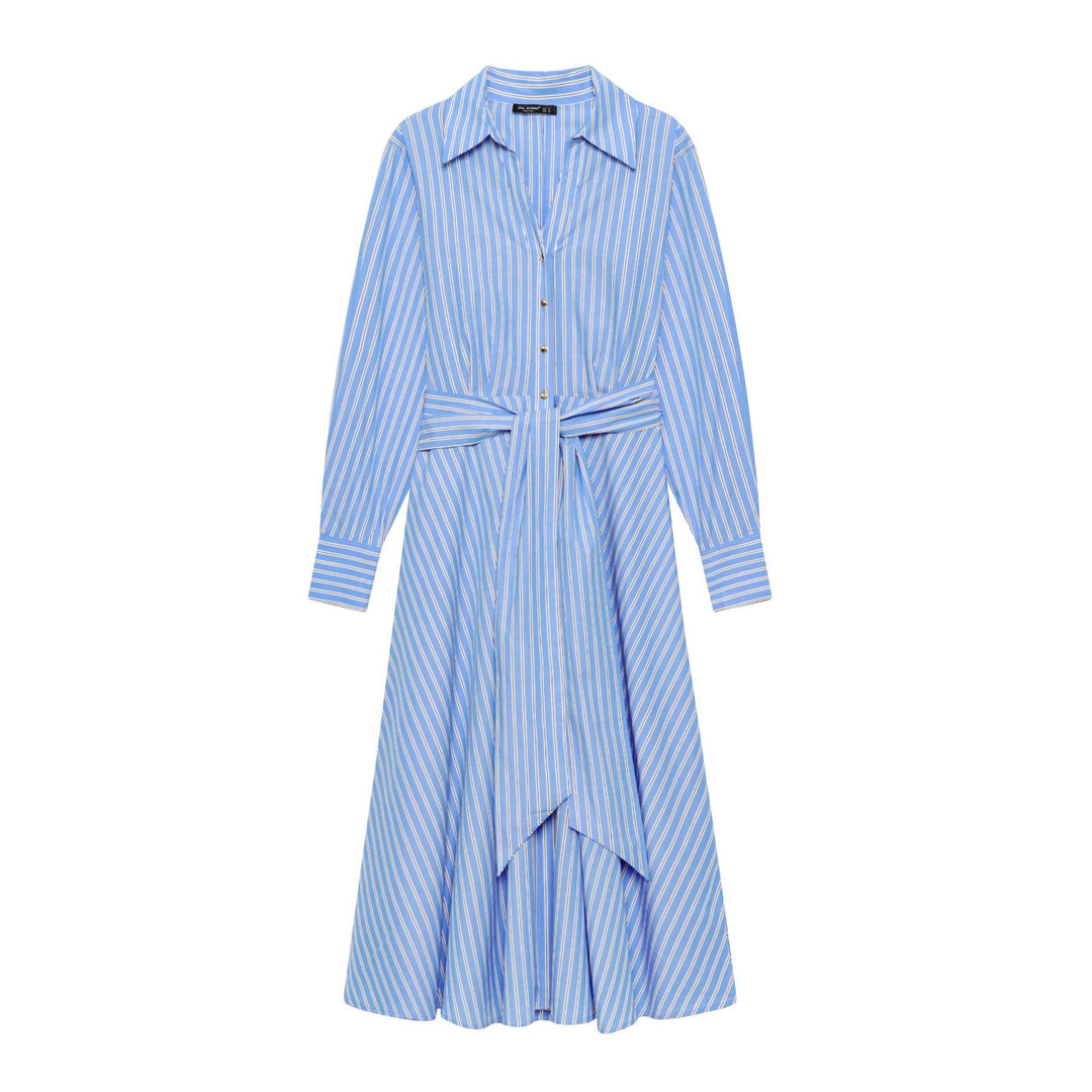 Damen nan gestreiftes Hemdkleid mit Bindegürtel, langen Manschetten und asymmetrischem Zipfelsaum Echo Archiv