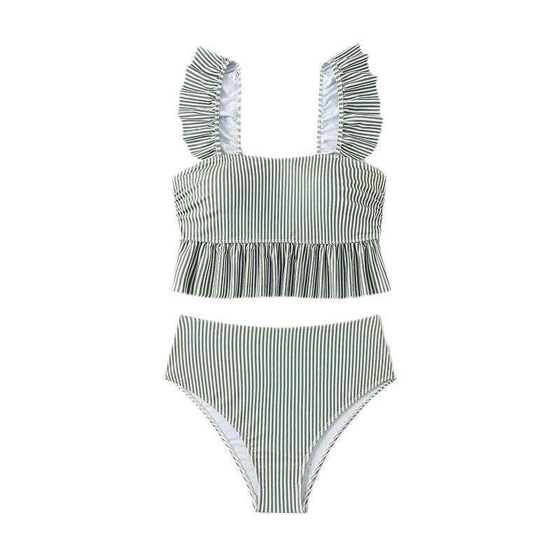 Damen Hoch geschnittenes Bikini-Set mit Rüschendesign und gestreiftem Muster Echo Archiv