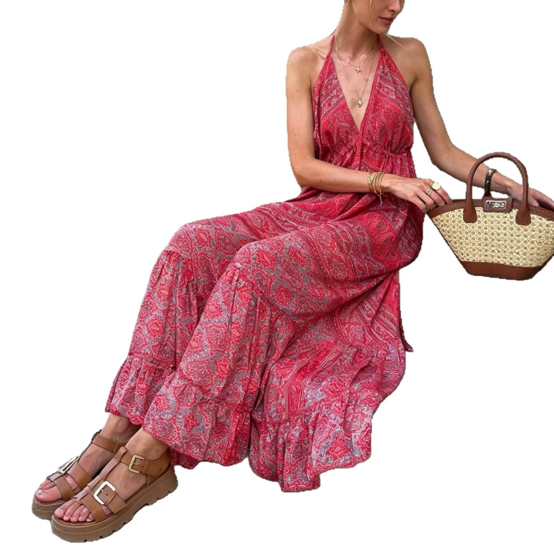 Damen Boho-Maxikleid mit Nackenband, Rückenfreiem Schnitt und Volant – Avérine