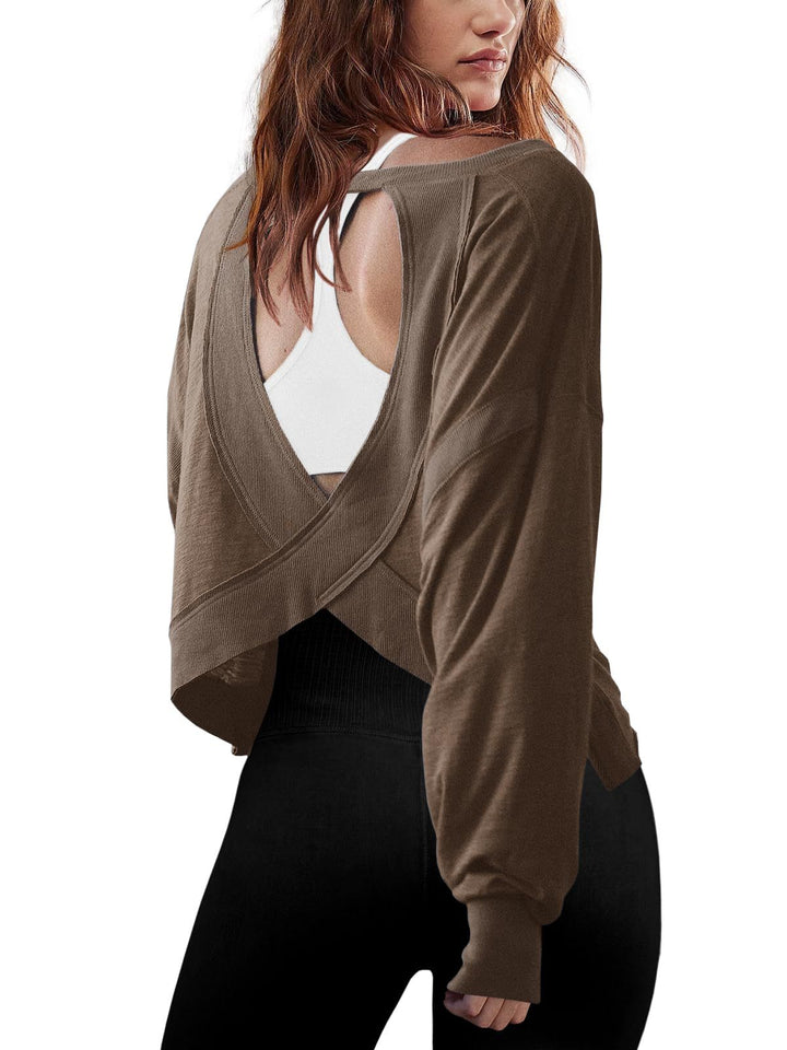 Damen Cropped-Sweatshirt mit überkreuztem Cut-Out-Rücken und rohen Saumkanten – Avérine