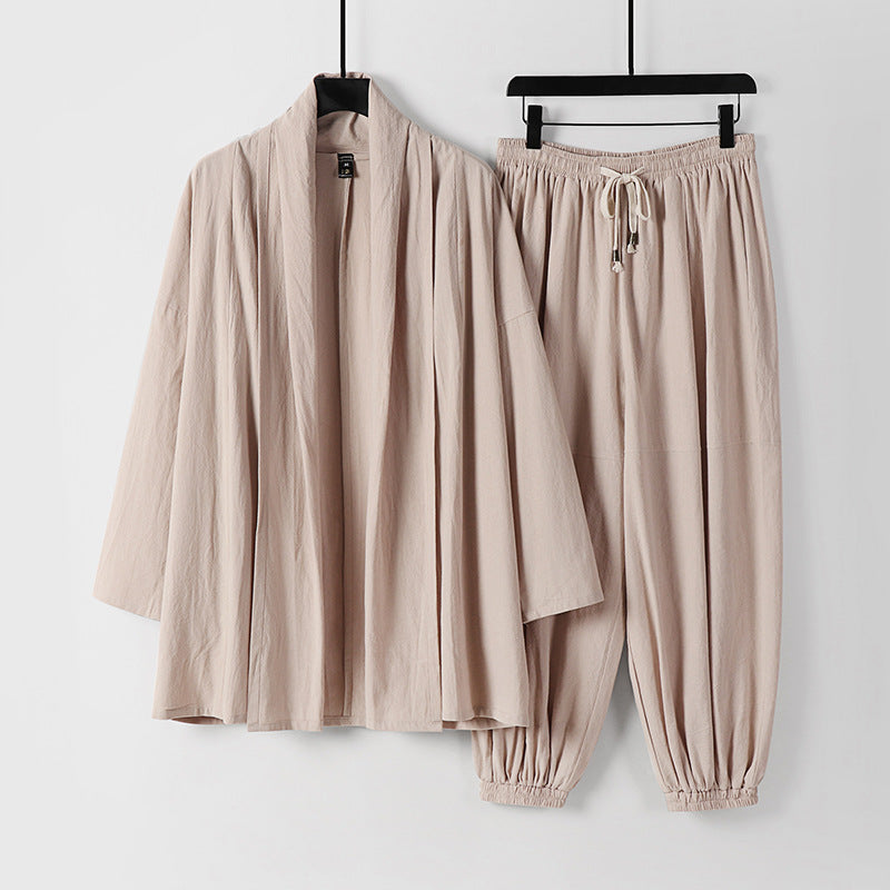 Unisex Entspanntes Kimono-Zweiteiler aus Baumwollmusselin mit Schalkragenjacke und geraffter Knöchelhose Echoarchiv