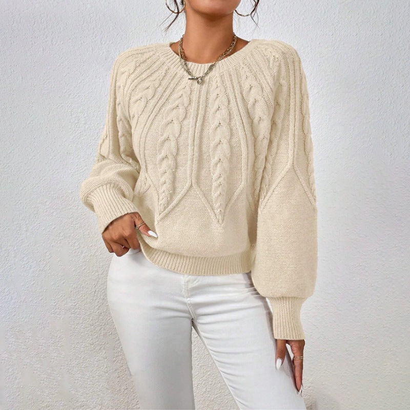 Damen nan kurzer Zopfmuster-Strickpullover mit Ballonärmeln und geripptem Saum Echo Archiv