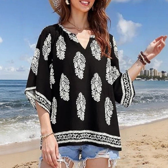 Damen Lockeres Strand-Tunika-Oberteil mit V‑Ausschnitt und Boho‑Print – Orélia