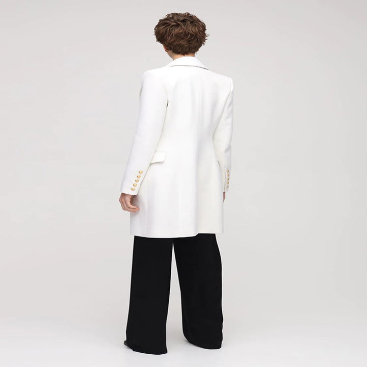 Damen Schmalgeschnittener Zweireihiger Wollmix-Longcoat mit markanter Schulter und goldenen Zierrundknöpfen Echoarchiv