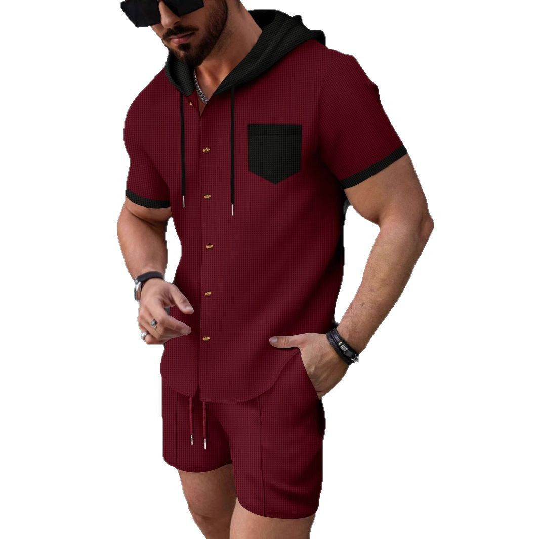 Herren lässiges Kurzarmhemd und Shorts-Set mit Kapuze und modischen Akzenten Echoarchiv