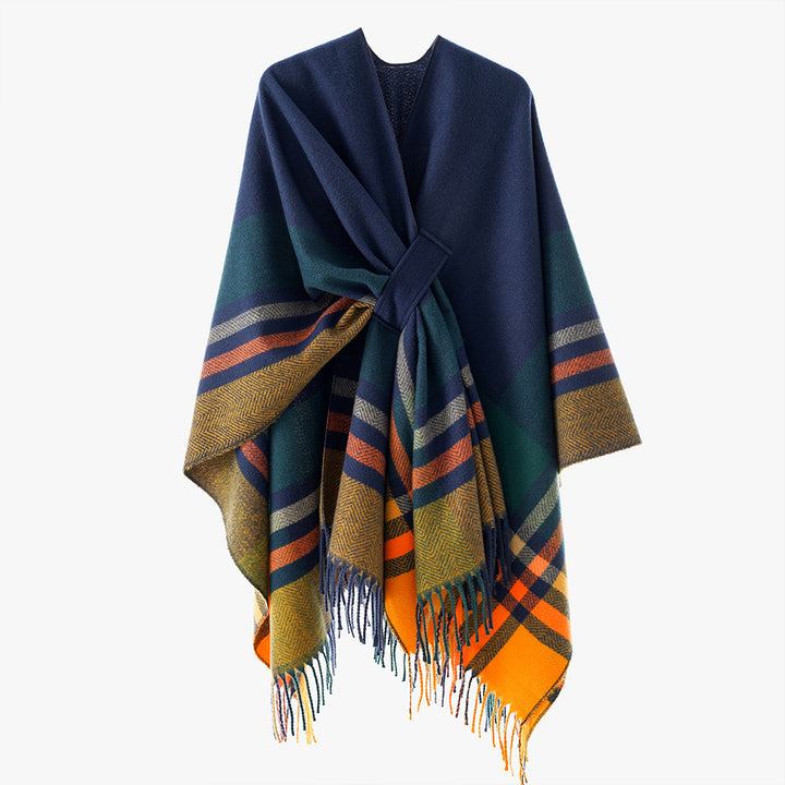 Damen Cape-Umhang aus Wollmix mit Bindegürtel und Karodessin Echo Archiv