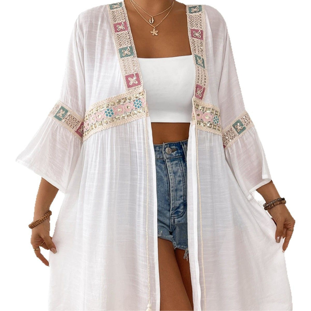 Damen luftiger Strandkimono mit floralen Stickereien Echo Archiv