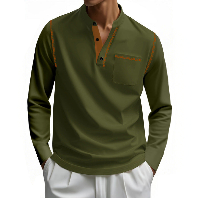 Herren nan Henley-Langarmshirt mit Stehkragen, Brusttasche und kontrastierenden Ziernähten Echo Archiv