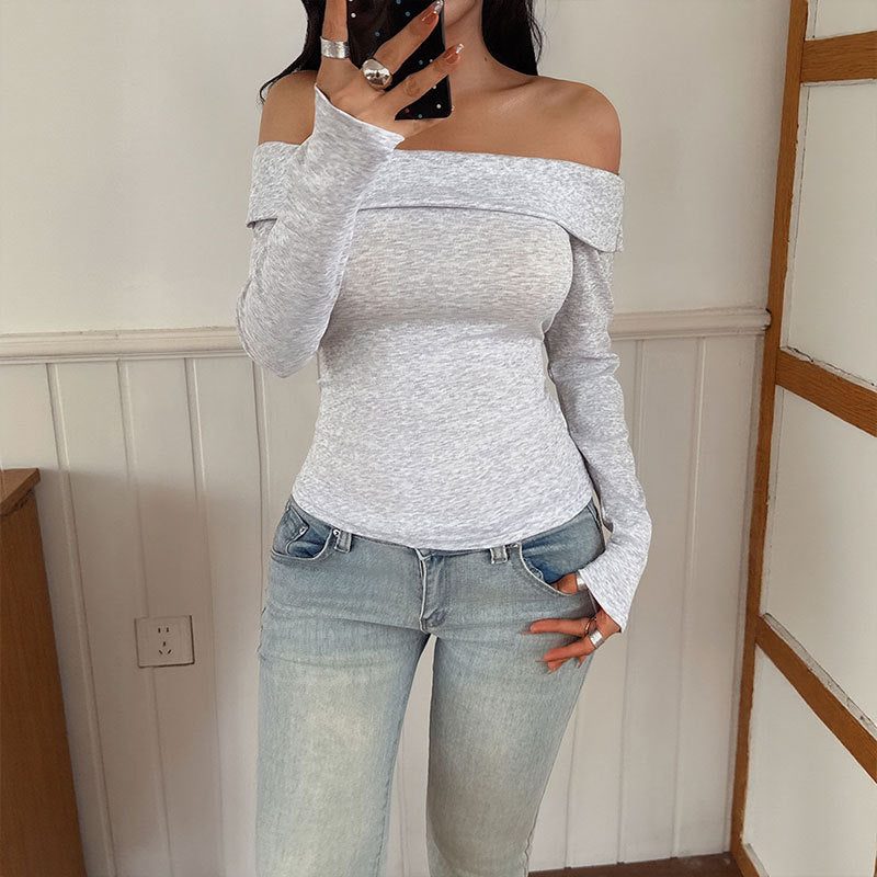 Damen Schulterfreies Langarm-Top mit tailliertem Schnitt und feinem Rippstrick Echoarchiv