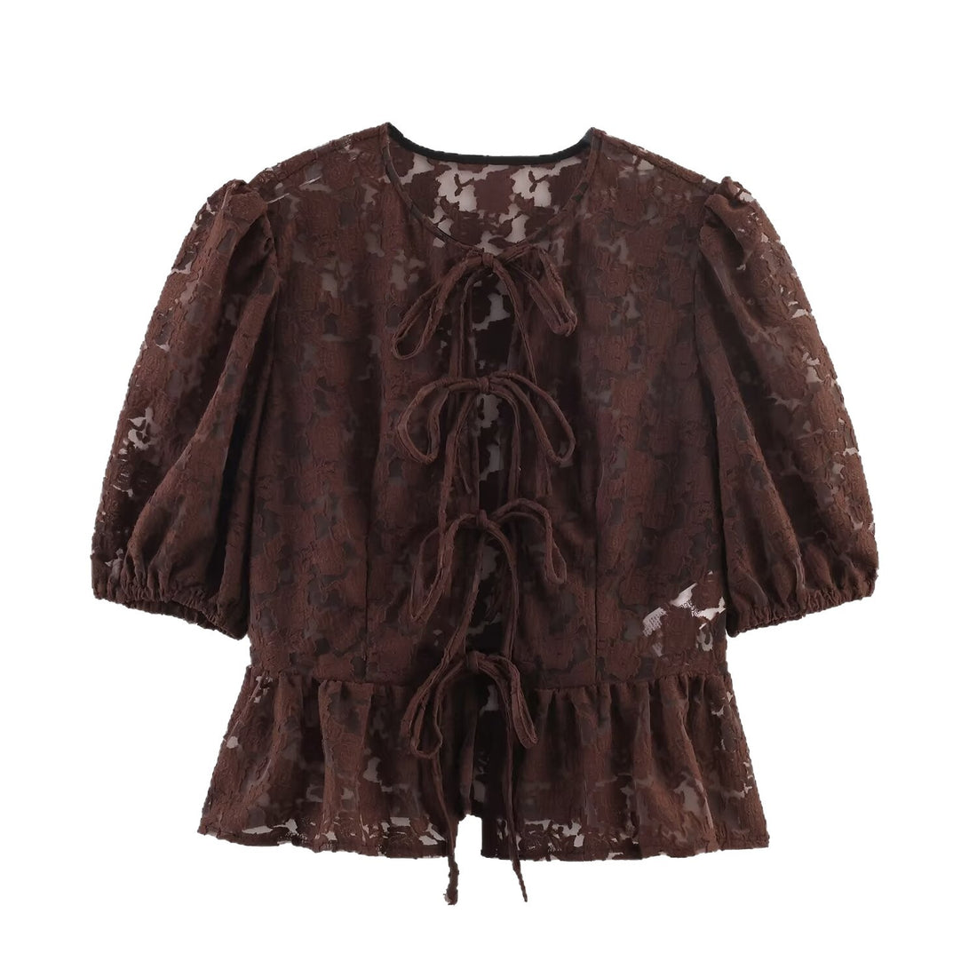 Damen Transparente Spitzenbluse mit frontalen Bindebändern und Volant‑Saum Echoarchiv