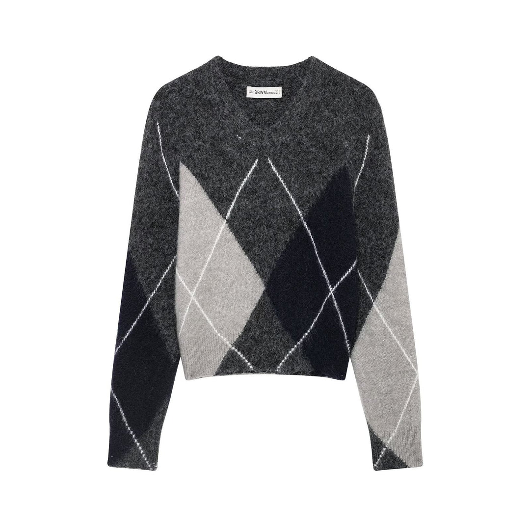 Damen Argyle-Pullover aus Wollmix mit weichem Flor und kastiger Cropped-Silhouette Echoarchiv