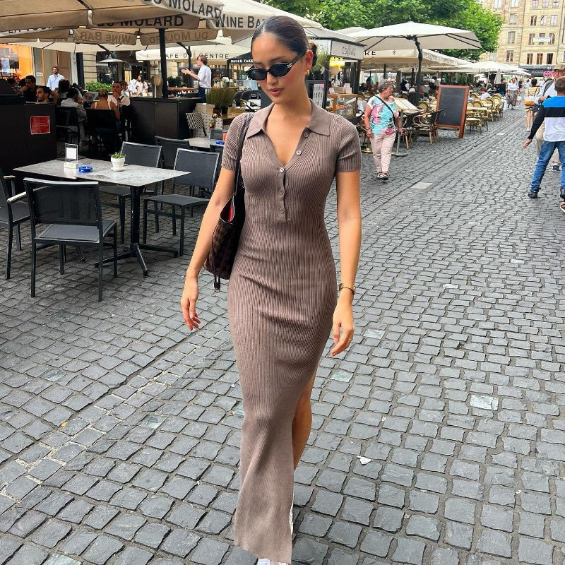 Damen Maxikleid mit kurzem Arm und klassischem Kragen Echo Archiv