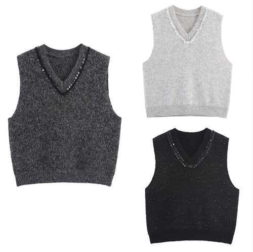 Damen Ärmellose Mohairoptik Strickweste mit V-Ausschnitt und Zierpailletten Echoarchiv
