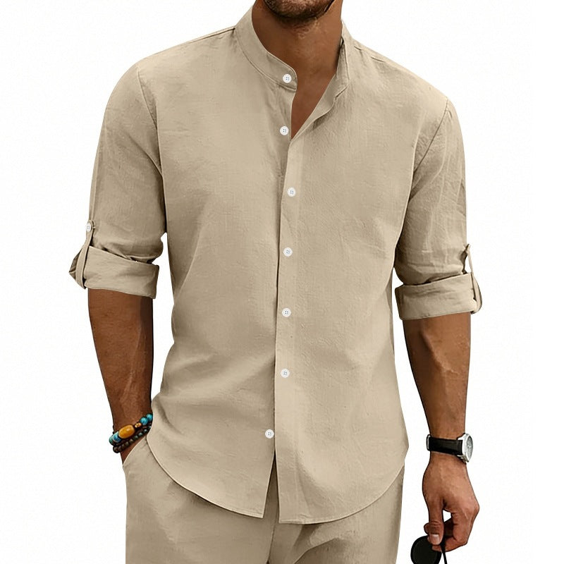 Herren Modernes Leinenmix-Hemd mit Stehkragen, aufrollbaren Ärmeln und schmaler Knopfleiste Echoarchiv