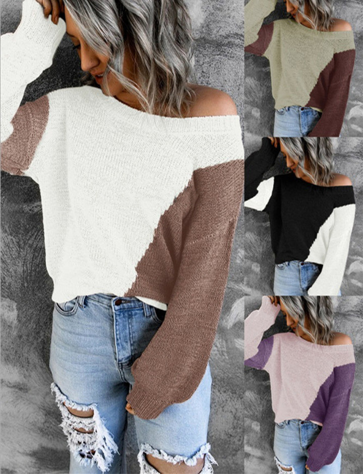 Damen Oversize Schulterfreier Strickpullover mit Colorblock-Design und weiten Ärmeln Echoarchiv