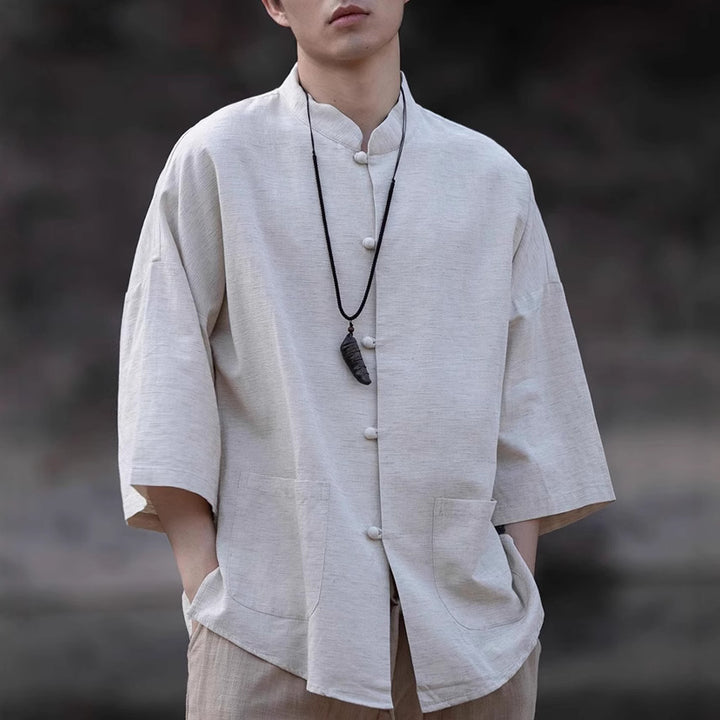 Herren Oversize Hemd im Kimono-Stil aus Leinen-Baumwollmix mit Stehkragen Echoarchiv