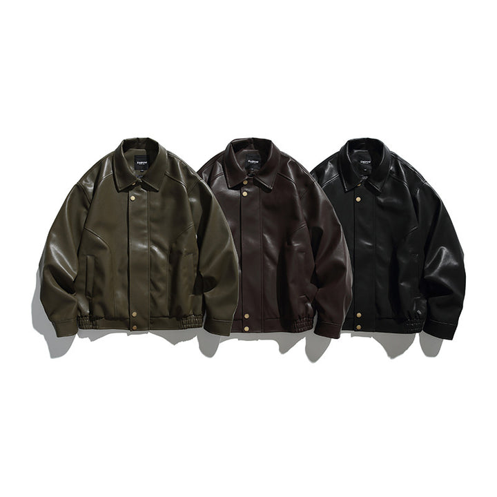 Herren Boxy-Lederimitat-Bomberjacke mit verdeckter Druckknopfleiste, elastischem Saum und aufgesetzten Eingrifftaschen Echo Archiv