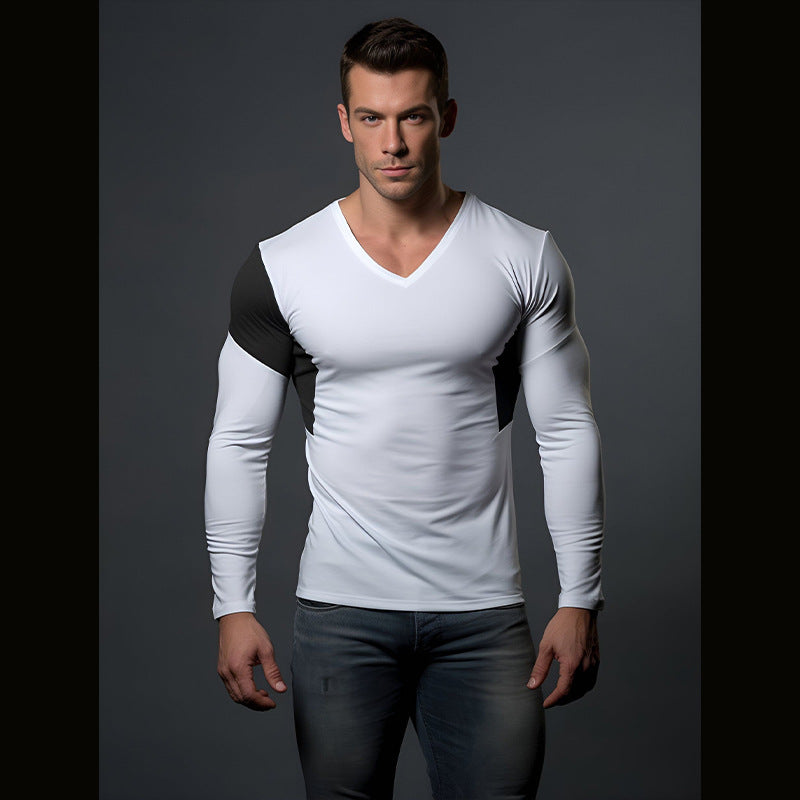 Herren Langarmshirt mit modernem V-Ausschnitt und farblich abgesetzten Ärmeln Echoarchiv