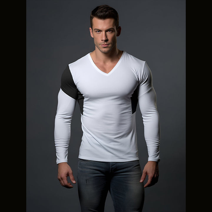Herren Langarmshirt mit modernem V-Ausschnitt und farblich abgesetzten Ärmeln Echoarchiv