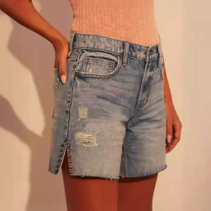 Damen modische Destroyed Denim-Shorts mit Nietenverzierung Echo Archiv
